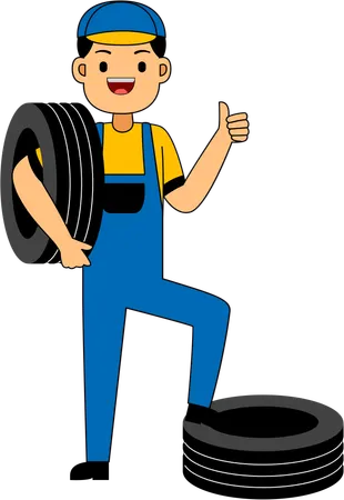 Mechanic standing with tire  Illustration