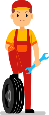 Mechanic standing with tyre Illustration
