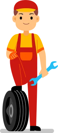 Mechanic standing with tyre Illustration