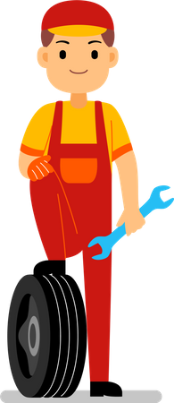 Mechanic standing with tyre  Illustration