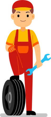 Mechanic standing with tyre  Illustration