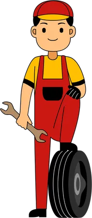 Mechanic standing with wrench and tire  Illustration