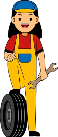 Mechanic standing with wrench and tire  Illustration