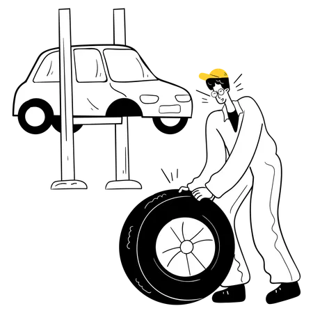 Mechanic working on Tire Replacement  Illustration