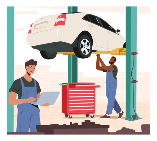 Mechanic working under car using car lift  Illustration