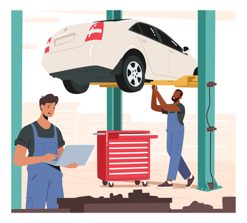 Mechanic working under car using car lift  Illustration