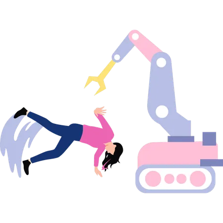 Mechanical robot is helping girl from falling down  Illustration