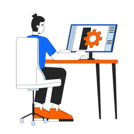 Mechanical Technician Sitting At Computer 2 D Linear Cartoon Character Caucasian Male Automotive Engineer Isolated Line Vector Person White Background Cogwheel Designer Color Flat Spot Illustration Illustration