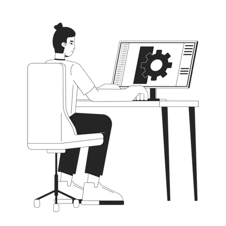 Mechanical Technician Sitting At Computer Black And White 2 D Line Cartoon Character Male Automotive Engineer Isolated Vector Outline Person Gear Designer Monochromatic Flat Spot Illustration Illustration