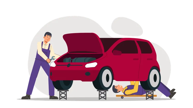 Mechanics repair owner's car  Illustration