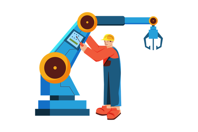 Handwerker repariert Roboterarm in Fabrik  Illustration