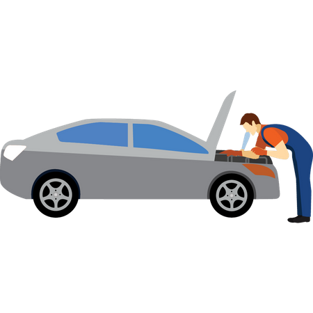 Mechaniker repariert Motorhaube eines Autos  Illustration