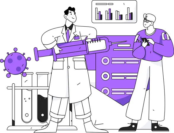 Médecin donnant le vaccin à l'homme tout en effectuant des tests de vaccin  Illustration