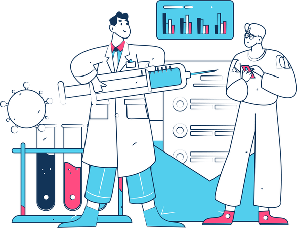 Médecin donnant le vaccin à l'homme tout en effectuant des tests de vaccin  Illustration