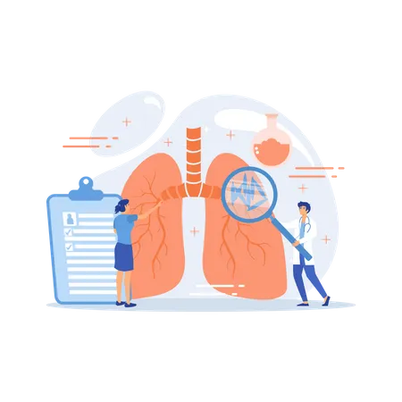 Médecin avec une loupe regardant les bactéries dans les poumons  Illustration