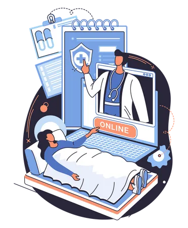 Médecin consultant virtuellement une patiente malade  Illustration