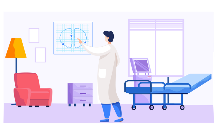 Médecin dans le cabinet médical tenant un instantané pulmonaire dans sa main Illustration