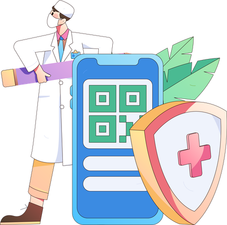 Médecin debout avec paiement par code QR d'assurance en ligne  Illustration