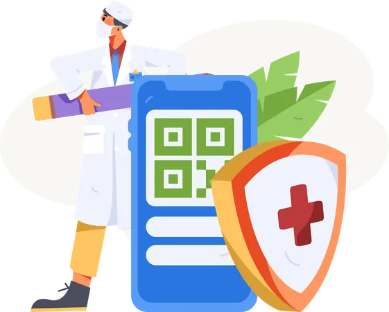 Médecin debout avec paiement par code QR d'assurance en ligne  Illustration