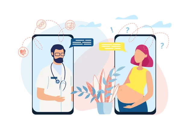 Médecin donnant une consultation en ligne à une femme enceinte  Illustration