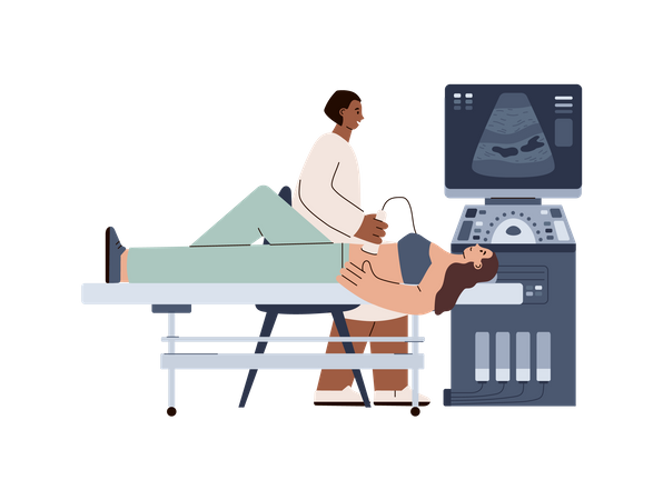 Médecin effectuant un diagnostic de santé par échographie échographique de grossesse pour une patiente  Illustration