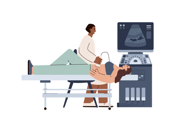 Médecin effectuant un diagnostic de santé par échographie échographique de grossesse pour une patiente  Illustration