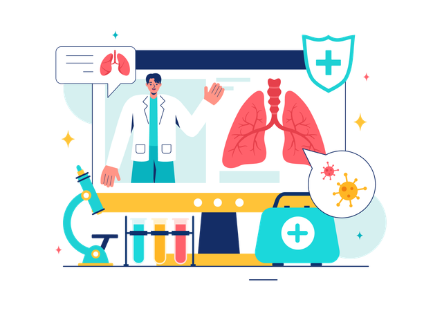 Médecin en ligne expliquant l'infection pulmonaire  Illustration