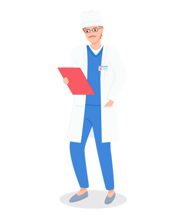 Médecin en uniforme vêtu d'une blouse blanche tenant une carte personnelle de patient  Illustration