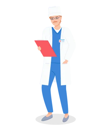 Médecin en uniforme vêtu d'une blouse blanche tenant une carte personnelle de patient  Illustration