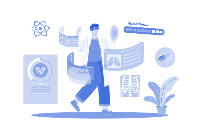 Médecin étudiant la médecine en utilisant la réalité virtuelle Illustration