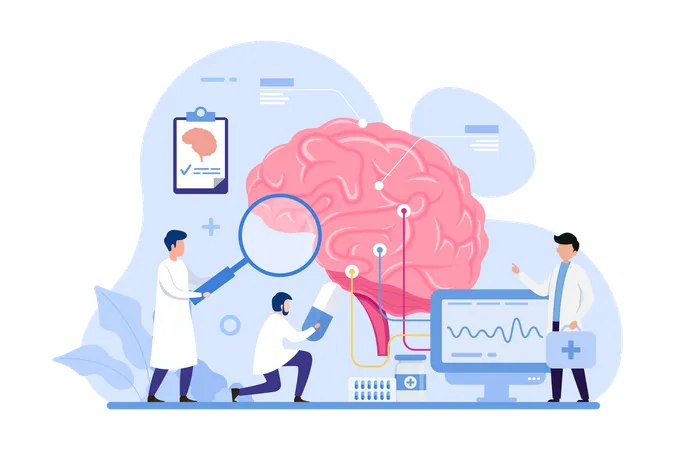 Un médecin examine et traite le cerveau et le système nerveux humains  Illustration