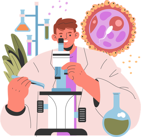 Médecin examinant un spermatozoïde au microscope  Illustration