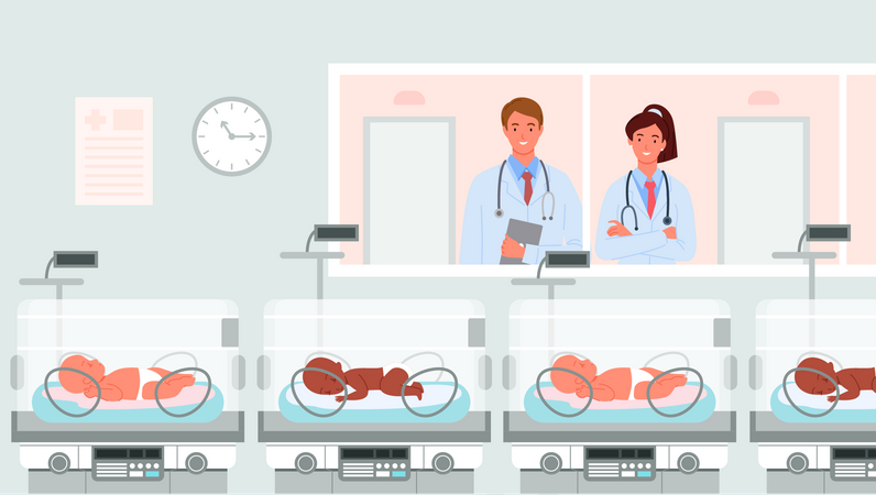 Médecin surveillant les nouveau-nés dans un dortoir  Illustration