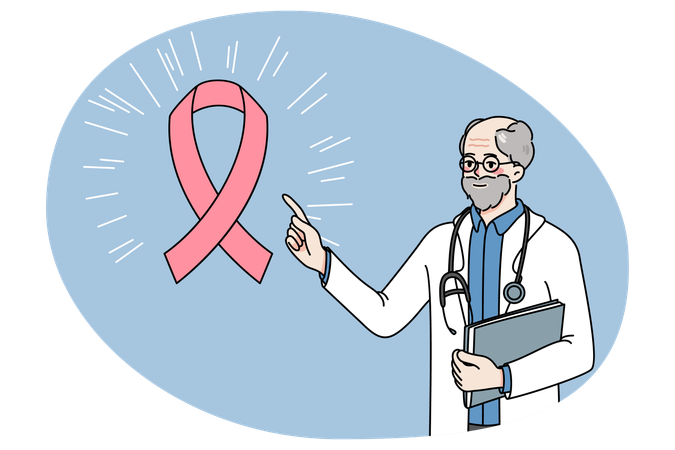 Un médecin montre du doigt un ruban rose  Illustration