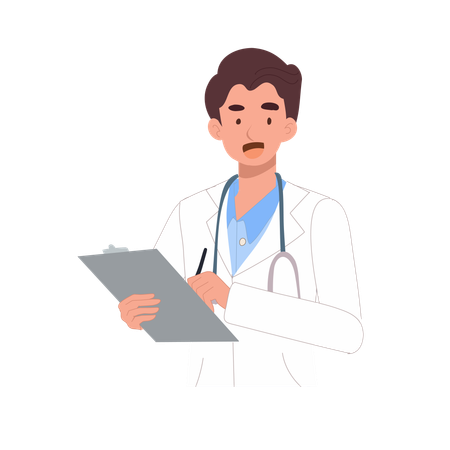 Médecin homme rédigeant un rapport de patient  Illustration