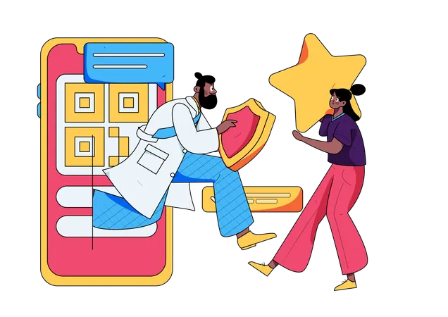 Médecin de sexe masculin tenant un bouclier tout en sortant du mobile  Illustration