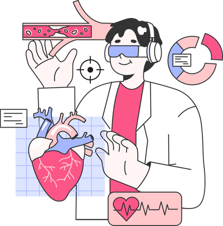 Médecin de sexe masculin vérifiant l'analyse cardiaque à l'aide de lunettes vr  Illustration