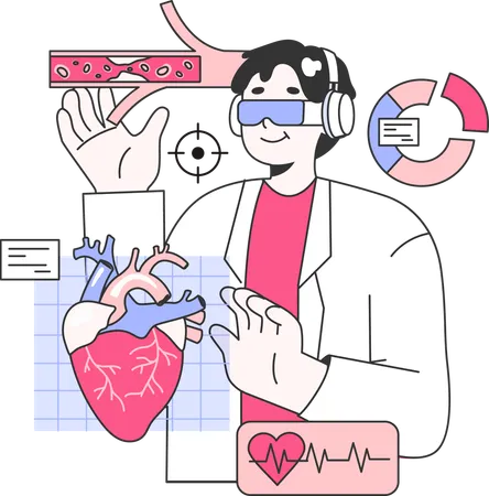 Médecin de sexe masculin vérifiant l'analyse cardiaque à l'aide de lunettes vr  Illustration