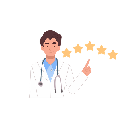 Médecin de sexe masculin pointant vers 5 étoiles représentant un excellent service et la satisfaction du client  Illustration