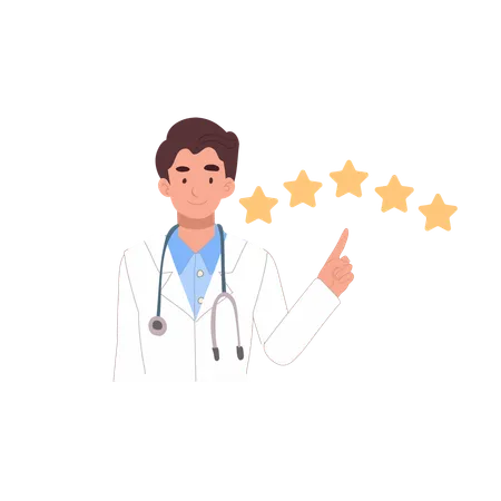 Médecin de sexe masculin pointant vers 5 étoiles représentant un excellent service et la satisfaction du client  Illustration