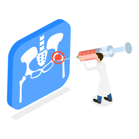 Médecin injectant de la cortisone dans l'articulation de la hanche  Illustration