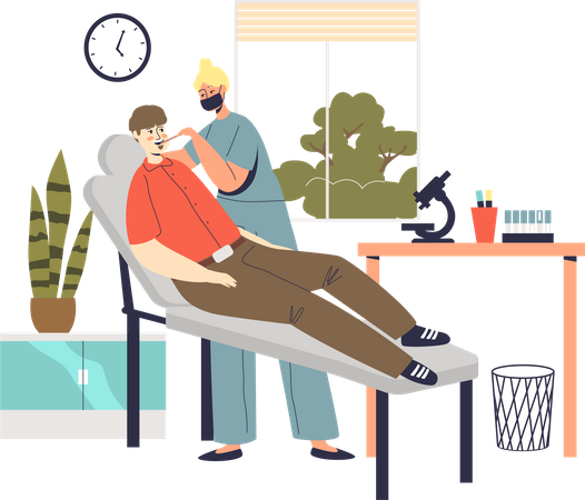 Médecin oto-rhino-laryngologiste vérifiant la gorge du patient client  Illustration