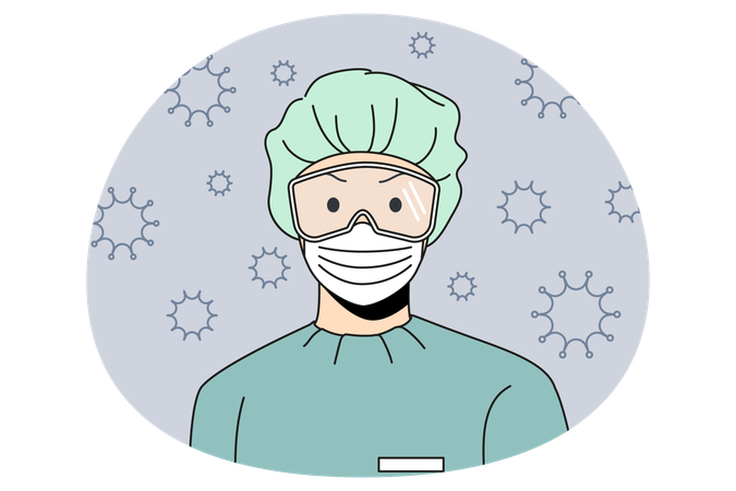 Médecin portant un chapeau, un masque, des lunettes et un uniforme debout pendant l'épidémie de covid-19 et les bactéries qui volent autour  Illustration