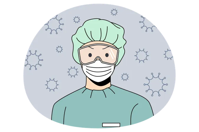 Médecin portant un chapeau, un masque, des lunettes et un uniforme debout pendant l'épidémie de covid-19 et les bactéries qui volent autour  Illustration