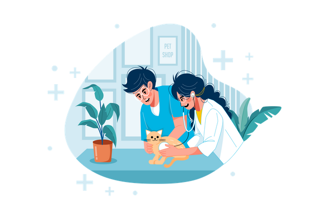 Médecin pour animaux de compagnie examinant un chat  Illustration