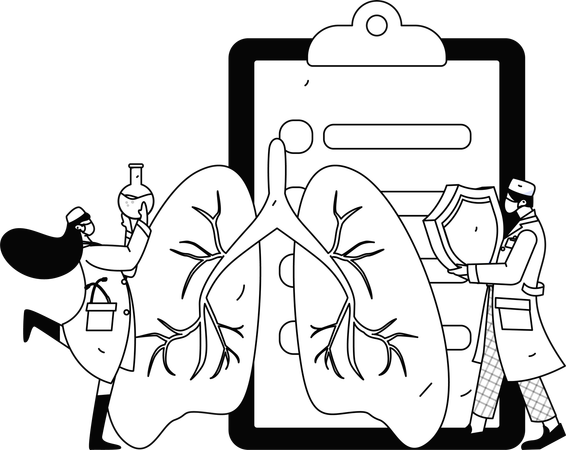Le médecin prépare le rapport pulmonaire du patient  Illustration
