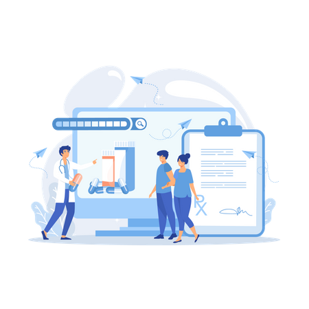 Médecin prescrivant des médicaments aux patients en ligne  Illustration