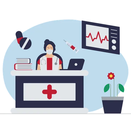 Médecin regardant un ordinateur portable  Illustration