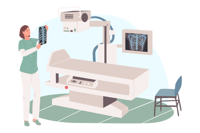 Médecin regardant une image radiographique dans une salle d'examen radiographique  Illustration