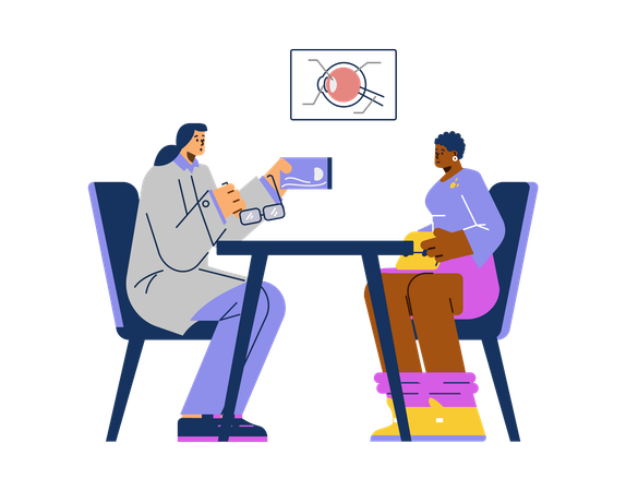 Un médecin donne un rapport ophtalmologique à un patient  Illustration